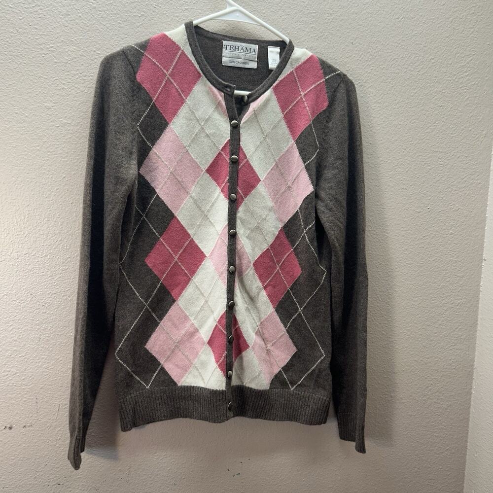 Y2K Tehama Cardigan Argyle‎ Preppy Sweater Button Up 100% Cashmere Golf Granny